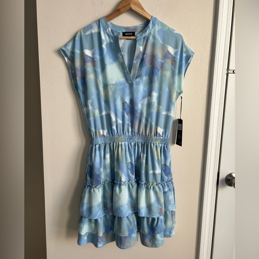 NWT Wildfox $128 Short Sleeve Tiered Ruffle Jolie Mini Dress Blue Size M